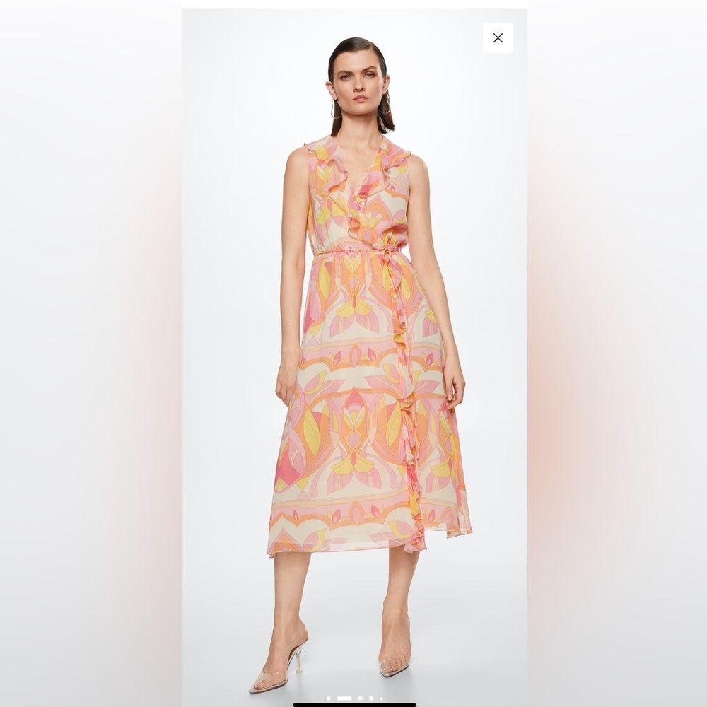 MANGO RUFFLED PRINTED MIDI DRESS Size M NWT Wedding Guest
